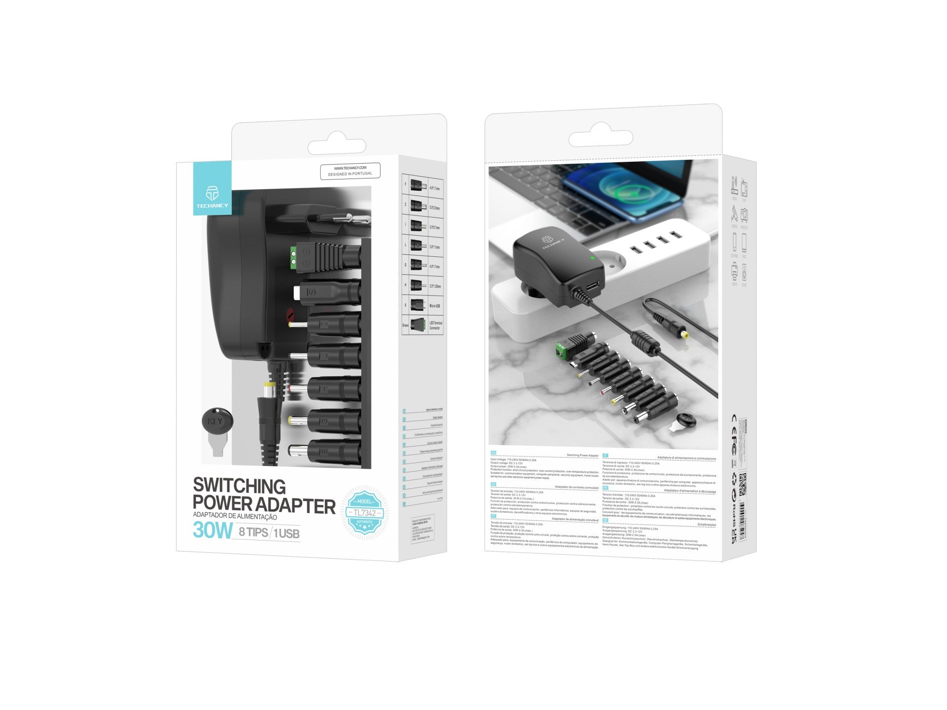 Techancy Adaptador de Alimentacao Comutavel TL7342 30W Voltagem Ajustavel DC 3-12V 8 Pontas 1USB Protecao Contra Curto Circuito Sobrecorrente Sobretemperatura Preto