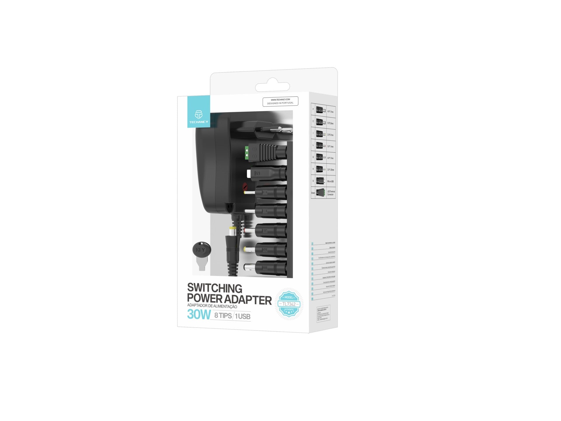 Techancy Adaptador de Alimentacao Comutavel TL7342 30W Voltagem Ajustavel DC 3-12V 8 Pontas 1USB Protecao Contra Curto Circuito Sobrecorrente Sobretemperatura Preto
