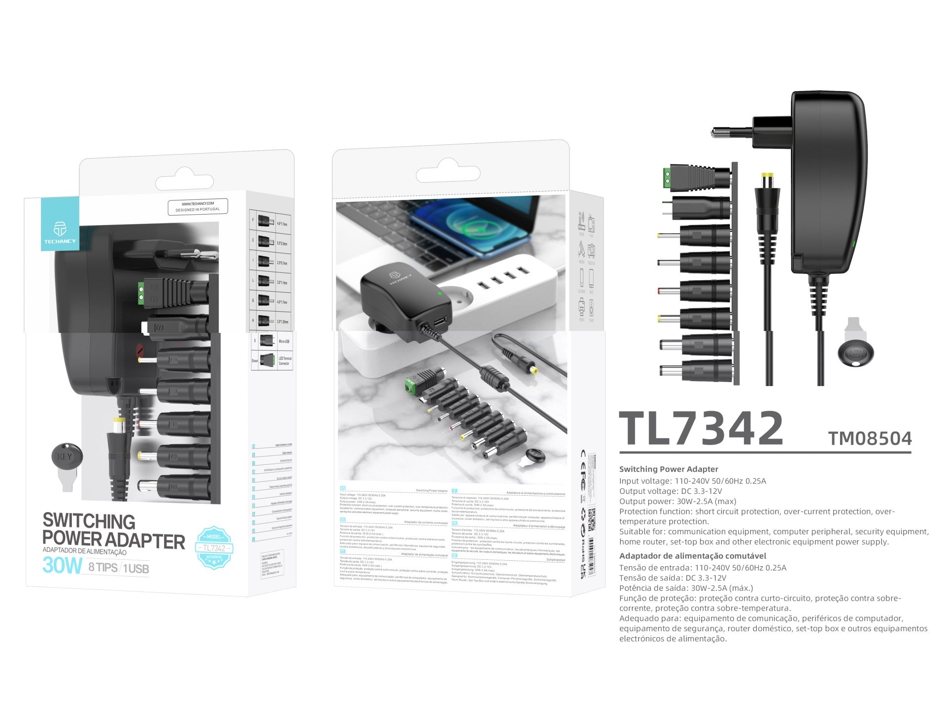 Techancy Adaptador de Alimentacao Comutavel TL7342 30W Voltagem Ajustavel DC 3-12V 8 Pontas 1USB Protecao Contra Curto Circuito Sobrecorrente Sobretemperatura Preto